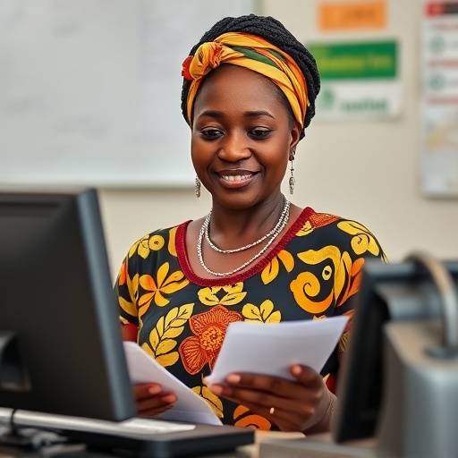 A Ugandan woman paying school fees at a bank teller, showcasing the importance of planning for education