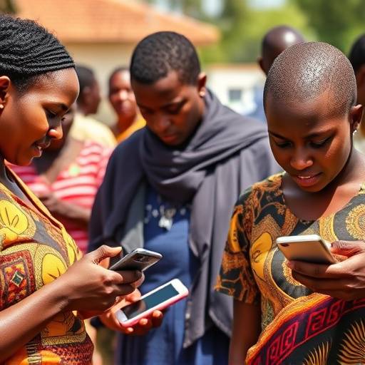 Ugandan individuals using mobile phones for financial transactions, showcasing the integration of technology and finance.