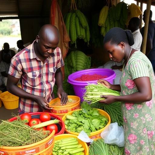 Ugandans comparing prices of vegetables at a local market, showcasing the importance of price comparison for grocery savings
